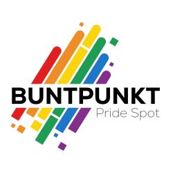 Schrift Buntpunkt, Regenbogen im Hintergrund